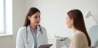 Σύγχρονο ιατρείο γυναικολογίας με γιατρό και ασθενή σε συζήτηση, εξοπλισμός και tablet στο βάθος, φωτεινό περιβάλλον επαγγελματικής συμβουλής, Δρ. Ιωάννης Δημητρακόπουλος • Μαιευτήρας - Χειρουργός Γυναικολόγος