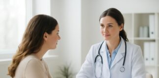 Ιατρική επίσκεψη γυναικολόγου με ασθενή σε φωτεινή κλινική με φυσικό φως