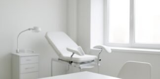 Σύγχρονο ιατρείο γυναικολόγου με ιατρικό εξοπλισμό και φωτεινό περιβάλλον, σύμβολο επαγγελματικής φροντίδας στην γυναικολογία, χωρίς ανθρώπους