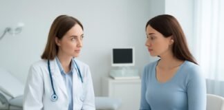 Γυναικολογική αξιολόγηση γυναίκας από γιατρό σε καθαρό και επαγγελματικό περιβάλλον ιατρείου με φωτεινή ατμόσφαιρα και σύγχρονο εξοπλισμό, χωρίς έκθεση ανατομίας, υψηλή ποιότητα εικόνας
