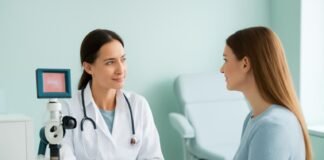 Μέσο πλάνο γυναικολόγου με ασθενή σε σύγχρονο ιατρείο γυναικολογίας με ιατρικό εξοπλισμό κολποσκόπησης
