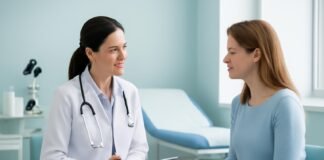 Γυναικολογική συνεδρία σε σύγχρονο ιατρείο με γιατρό και ασθενή σε συζήτηση