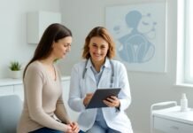 Γυναίκα ασθενής σε ιατρείο γυναικολόγου με συμβουλευτική συνεδρία σε σύγχρονο περιβάλλον