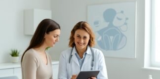 Γυναίκα ασθενής σε ιατρείο γυναικολόγου με συμβουλευτική συνεδρία σε σύγχρονο περιβάλλον