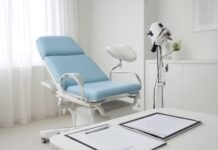 Οστεοπόρωση και Γυναικολογική Παρακολούθηση: Προληπτική Φροντίδα και Αντιμετώπιση Φωτεινός σύγχρονος ιατρικός χώρος με γυναικολογικό εξοπλισμό και tablet σε τραπέζι, φιλόξενη ατμόσφαιρα για ραντεβού γυναικολογίας