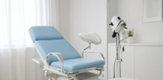 Φωτεινός σύγχρονος ιατρικός χώρος με γυναικολογικό εξοπλισμό και tablet σε τραπέζι, φιλόξενη ατμόσφαιρα για ραντεβού γυναικολογίας