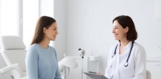 Φωτεινό σύγχρονο ιατρείο γυναικολογίας με εξοπλισμό και γυναίκα σε συμβουλευτική με γιατρό