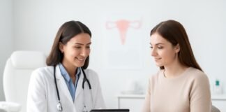 Σύγχρονο ιατρείο γυναικολόγου με ασθενή σε συζήτηση θεραπείας, χρήση tablet, φωτεινό και επαγγελματικό περιβάλλον