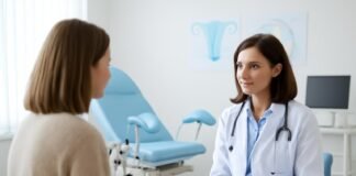 Σύγχρονο ιατρείο γυναικολογίας με ιατρό και ασθενή σε συμβουλευτική συνεδρίαση, ιατρικός εξοπλισμός σε φωτεινό περιβάλλον
