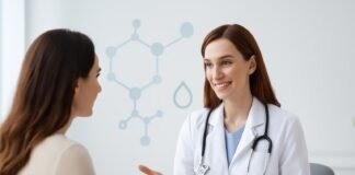 Γυναικολόγος συμβουλεύει ασθενή σε μοντέρνο ιατρείο με tablet και γραφικά ορμονών στο φόντο