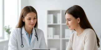 Σύγχρονο ιατρείο με γυναικολογική συμβουλευτική σε ασθενή με πόνο κατά τη σεξουαλική επαφή, χρήση tablet για εξήγηση θεραπείας, φωτεινό και επαγγελματικό περιβάλλον