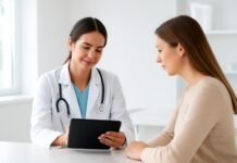 Ποια θεραπεία επιλέγεται για χρόνιο πυελικό πόνο; Γυναικολόγος με ασθενή σε σύγχρονο ιατρείο με tablet συζήτηση θεραπείας χρόνιου πυελικού πόνου