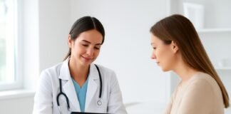 Γυναικολόγος με ασθενή σε σύγχρονο ιατρείο με tablet συζήτηση θεραπείας χρόνιου πυελικού πόνου