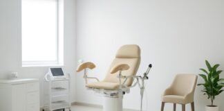 Φωτεινό σύγχρονο γυναικολογικό ιατρείο με ιατρικό εξοπλισμό και καθιστικό για ασθενείς, χωρίς παρουσία ανθρώπων