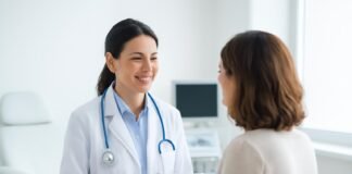 Ιατρός γυναικολόγος σε σύγχρονο ιατρείο παρέχοντας εξατομικευμένη συμβουλευτική σε ασθενή