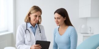 Φωτεινό σύγχρονο ιατρείο γυναικολογίας με ιατρικό εξοπλισμό και ασθενή σε συμβουλευτική συνεδρία
