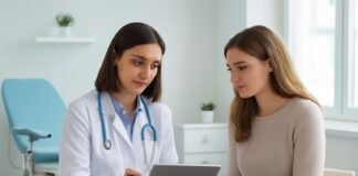 Σύγχρονο ιατρικό γραφείο γυναικολογίας με γιατρό που συζητά με ασθενή σε tablet, φωτεινό περιβάλλον