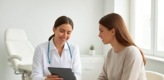 Φωτεινό σύγχρονο ιατρείο γυναικολογίας με γιατρό και ασθενή σε συμβουλευτική συζήτηση