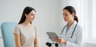 Εξειδικευμένη γυναικολογική αξιολόγηση κονδυλωμάτων HPV με ψηφιακή κολποσκόπηση σε σύγχρονο ιατρείο.