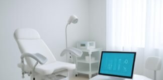 Σύγχρονο γυναικολογικό ιατρείο με ιατρικό εξοπλισμό και ψηφιακό tablet με αφηρημένο ιατρικό διάγραμμα στο φόντο αυτοπεποίθησης και επαγγελματισμού