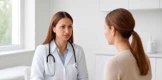 Φωτεινό σύγχρονο ιατρείο με γιατρό και ασθενή σε συμβουλευτική συζήτηση στη Γλυφάδα