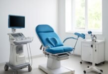 Φωτεινό σύγχρονο γυναικολογικό ιατρείο με εξοπλισμό και φυσικό φωτισμό