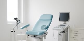 Σύγχρονο γυναικολογικό ιατρείο με ιατρικό εξοπλισμό σε φωτεινό χώρο, έτοιμο για αξιολόγηση ασθενούς με ύποπτες βλάβες HPV