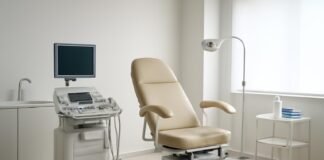 Σύγχρονο γυναικολογικό ιατρείο με εξεταστική καρέκλα και ιατρικό εξοπλισμό