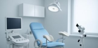 Σύγχρονο γυναικολογικό ιατρείο με ιατρικό εξοπλισμό, φωτεινή και επαγγελματική ατμόσφαιρα
