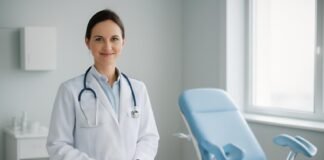 Σύγχρονο γυναικολογικό ιατρείο με γιατρό σε διακριτική επαγγελματική ατμόσφαιρα χωρίς ευαίσθητη ανατομία.