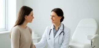 Σύγχρονο γυναικολογικό ιατρείο με ιατρό σε εξέταση ασθενούς, σχετικό με παρακολούθηση και θεραπεία κονδυλωμάτων HPV