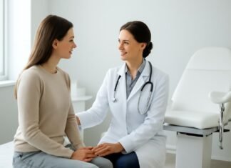 Προηγμένη Παρακολούθηση και Επανεξέταση Κονδυλωμάτων HPV με Εξειδικευμένο Πλάνο Θεραπείας Σύγχρονο γυναικολογικό ιατρείο με ιατρό σε εξέταση ασθενούς, σχετικό με παρακολούθηση και θεραπεία κονδυλωμάτων HPV