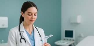 Γιατρός που προετοιμάζει προληπτική γυναικολογική εξέταση σε ιατρείο με σύγχρονο εξοπλισμό