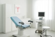 Σύγχρονο γυναικολογικό ιατρείο με καθαρό και φωτεινό χώρο και ιατρικό εξοπλισμό.