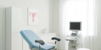 Σύγχρονο γυναικολογικό ιατρείο με καθαρό και φωτεινό χώρο και ιατρικό εξοπλισμό.