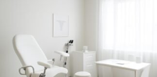 Φωτεινό σύγχρονο γυναικολογικό ιατρείο με ιατρικό εξοπλισμό και χώρο συμβουλευτικής, ατμόσφαιρα επαγγελματική και καθαρή