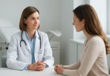 Σύγχρονο γυναικολογικό ιατρείο με ιατρό και ασθενή σε διακριτική συνομιλία αναφορικά με HPV