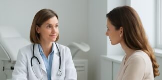 Σύγχρονο γυναικολογικό ιατρείο με ιατρό και ασθενή σε διακριτική συνομιλία αναφορικά με HPV
