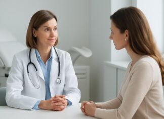 Προληπτική Εξέταση και Ενημέρωση για HPV: Κύριος Στόχος η Υγεία της Γυναίκας Σύγχρονο γυναικολογικό ιατρείο με ιατρό και ασθενή σε διακριτική συνομιλία αναφορικά με HPV