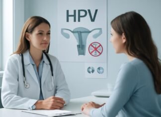 Προληπτικός Έλεγχος HPV και Κονδυλωμάτων: Η Σημασία της Έγκαιρης Διάγνωσης Ιατρική συζήτηση στο γυναικολογικό ιατρείο για πρόληψη HPV