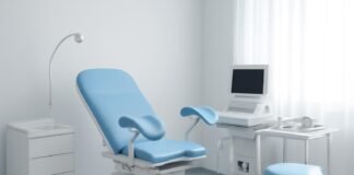 Σύγχρονο γυναικολογικό ιατρείο με ιατρικό εξοπλισμό και απαλή φωτισμό