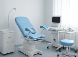 Σύγχρονο γυναικολογικό ιατρείο με ιατρικό εξοπλισμό και απαλή φωτισμό
