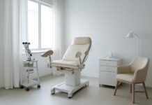 Φωτεινό και σύγχρονο γυναικολογικό ιατρείο με ιατρικό εξοπλισμό και καθίσματα για ασθενείς και ιατρό, φυσικό φωτισμό