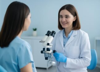 Προσαρμοσμένη Θεραπευτική Προσέγγιση Κονδυλωμάτων HPV για Γυναίκες στη Γλυφάδα Ιατρός γυναικολόγος πραγματοποιεί κολποσκόπηση σε καθαρό και επαγγελματικό ιατρικό χώρο