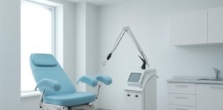 Σύγχρονο γυναικολογικό ιατρείο με ιατρικό εξοπλισμό για κολποσκόπηση και παρακολούθηση βλαβών HPV, φωτεινό και επαγγελματικό περιβάλλον
