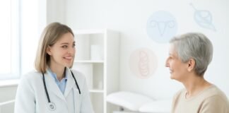 Σύγχρονο ιατρείο γυναικολογίας με ασθενή σε συνεδρίαση και ιατρό, φωτεινό και επαγγελματικό περιβάλλον με αφηρημένα διαγνωστικά σύμβολα, χωρίς ανατομικά στοιχεία ή αισθητικές επεμβάσεις