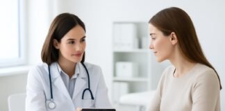 Γυναικολογική συνεδρία σε σύγχρονο ιατρείο με ιατρό και ασθενή σε συζήτηση για πυελικό πόνο και θεραπεία, χωρίς ανατομικά στοιχεία, φωτεινή ατμόσφαιρα, premium ιατρική φωτογραφία