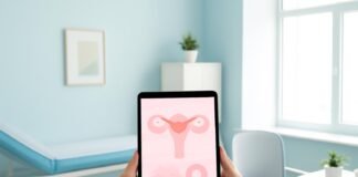 Σύγχρονο ιατρείο με tablet και αφηρημένο γυναικολογικό διάγραμμα για ιατρική διατροφή στη γυναικολογία