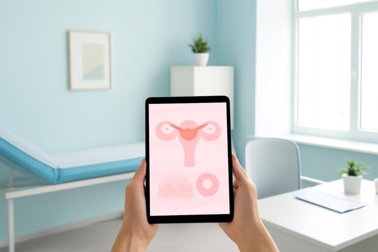 Σύγχρονο ιατρείο με tablet και αφηρημένο γυναικολογικό διάγραμμα για ιατρική διατροφή στη γυναικολογία
