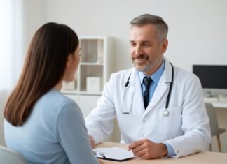 Ιατρός εξετάζει ασθενή σε ιατρείο για HPV κονδυλώματα